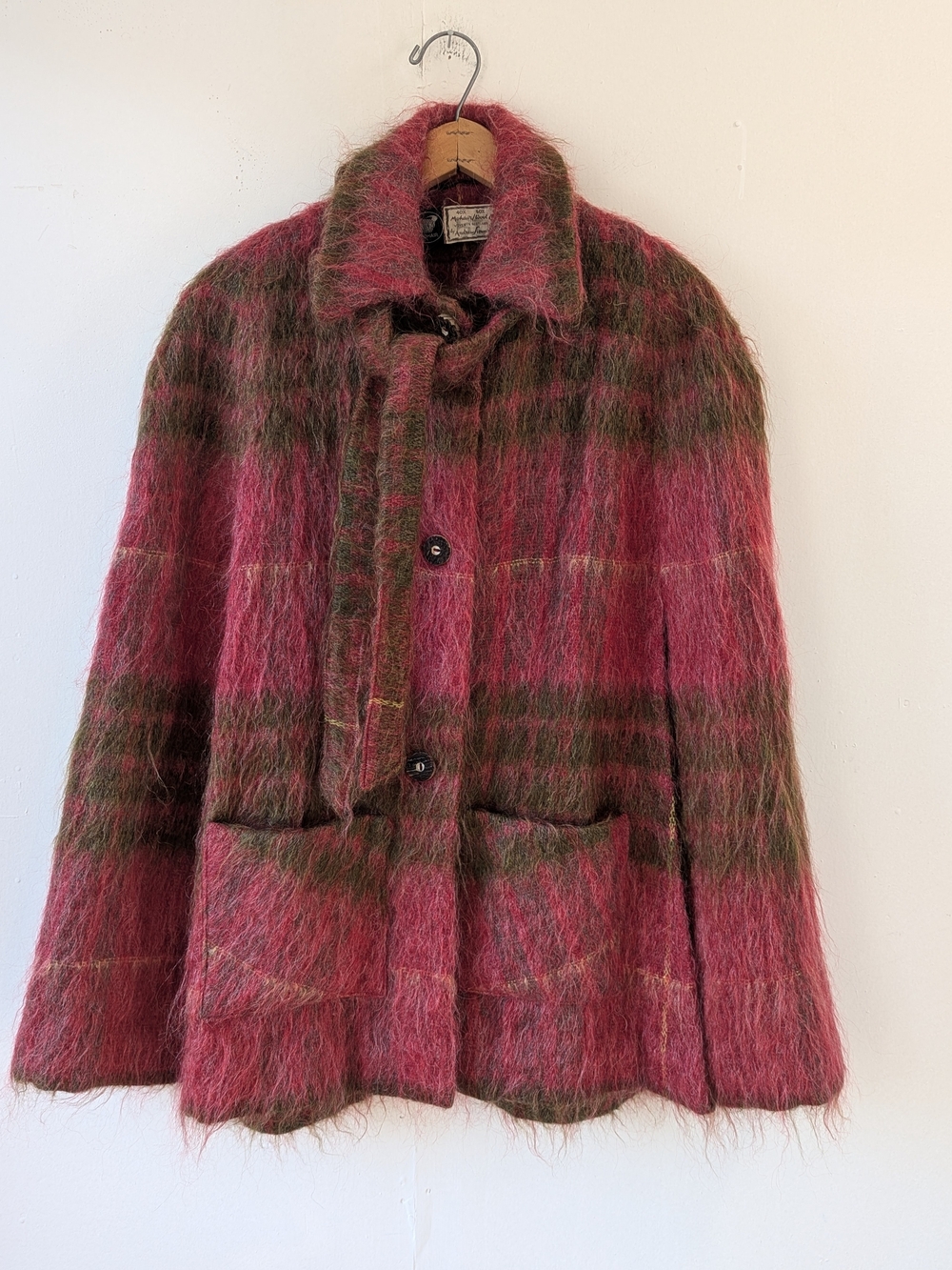 Vintage 60s Andrew Stewart Plaid Mohair Wool Cape Poncho Pink Brown Green OS